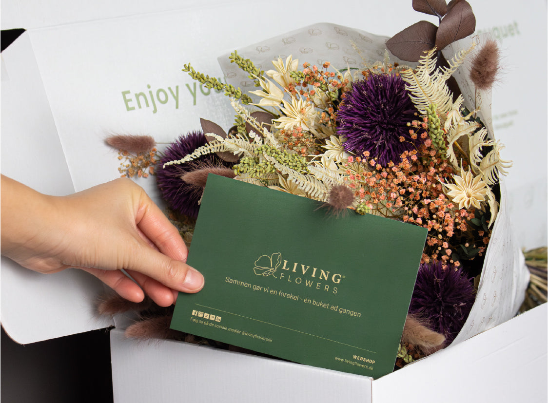 En blombukett ligger nedpackad i vitt silkespapper och en vit låda och en hand håller i ett informationskord från Living Flowers framför buketten.