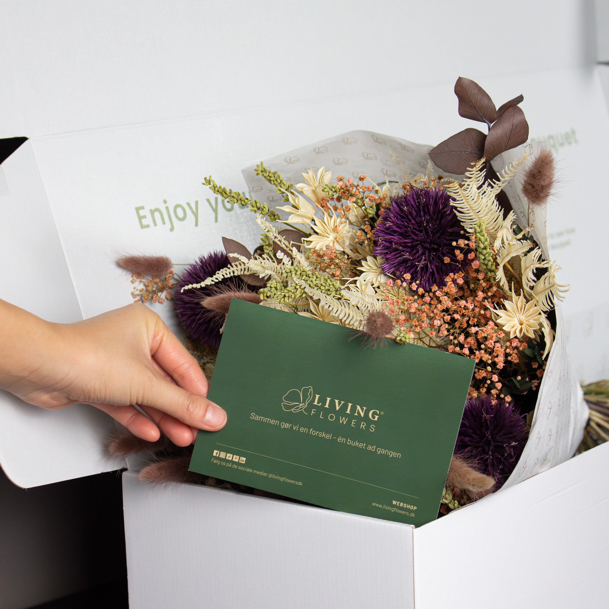 Blombukett som ligger  halvt nedpackad i silkespapper och en vit låda. En hand håller i ett informationskort från Living Flowers framför buketten