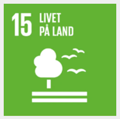 En sybol i grönt med ett träd och fåglar som flyger- med texten 15 Livet på land